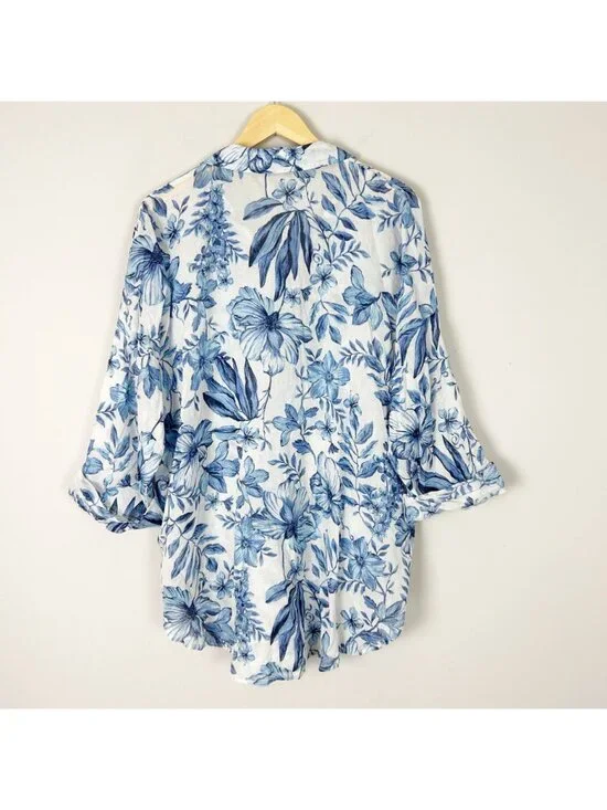 Primary Tropical Lightweight Button Down Tunic Shirt Floral Boho Coverup Size La - Picture 3 of 4